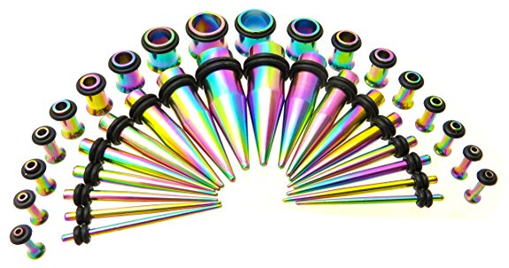 Titanium Anodized Steel Ear Stretching Taper and Tunnel Kit - 36 Piece Set 14G to 00G Gauge