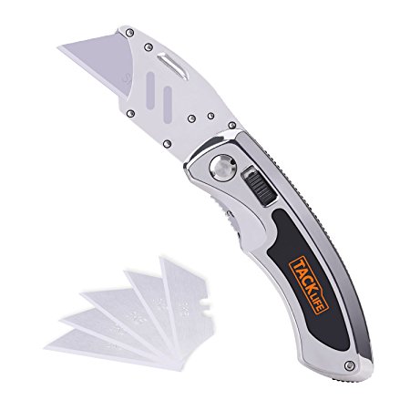 Tacklife UKS02 Quick-change Utility Knife Stainless Steel Handle with Soft Anti-slip Grip with 5 Extra Replaceable Blades and Easy Release Button