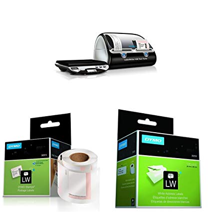 DYMO LabelWriter Twin Turbo Label Printer and Scale with Authentic LW USPS Postage Stamp Labels for LabelWriter Label Printers,  White & LabelWriter LW Adhesive White Mailing Address Labels Retail Box With 2 Rolls of 350 Labels per Roll