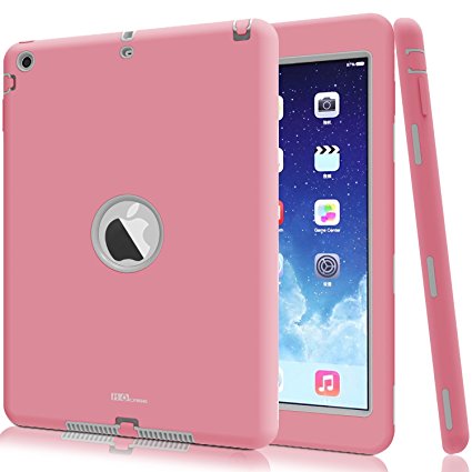 iPad Air Case, Hocase Double Layer Rugged Hard Rubber Protective Case Cover for Apple iPad Air (5th Gen iPad released in 2013) - Hot Pink / Grey