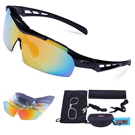 Carfia Polarized Sports Sunglasses UV400 Protection Cycling Sunglasses Goggles with 5 Interchangeable Lenses for Ski Running Cycling Fishing Golf, TR90 Unbreakable Frame