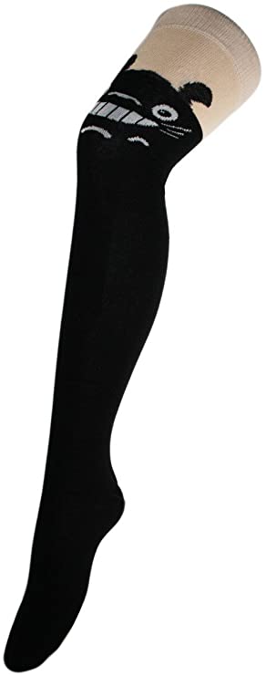 Womens Over The Knee Thigh High Long Socks Cat Head Kitty Face Horizontal Striped Print