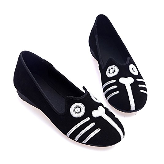 Cute Cartoon Ballet Loafers Slip-on Dressy Flats Girl's Women's Shoes Black Critter Cat Collocation Dog