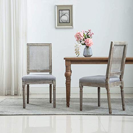 Retro French Dining Chairs with Cane Mesh Back for Dining Room/Living Room/Kitchen, Set of 2 (Gray)