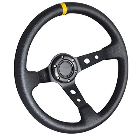 Steering Wheel Deep Dish 350mm Black w/Horn Yellow Stitch