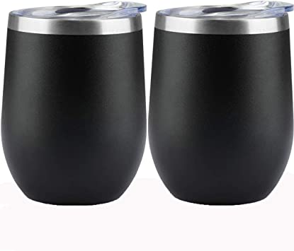PURECUP Stainless Steel Insulated Wine Tumbler With Lid,12 oz,Double Wall Vacuum Insulated Cup,For Champaign,Cocktail,Beer,Coffee,Drinks ,BPA Free(Black 2 Pack)