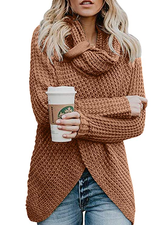 Asvivid Women's Chunky Turtle Cowl Neck Asymmetric Hem Wrap Sweater Coat with Button Details