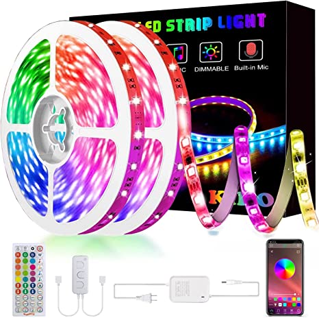 133ft/40m Led Light Strip, Kiko Color Changing Rope Lights SMD 5050 RGB Light Strips with Bluetooth Controller Sync to Music Apply for TV, Bedroom, Party and Home Decoration(2x65.6ft)
