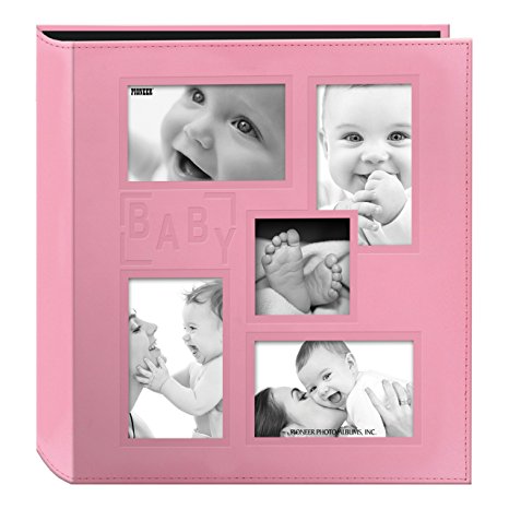 Pioneer Collage Frame Embossed "Baby" Sewn Leatherette Cover Photo Album, Baby Pink