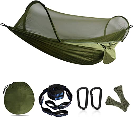 Camping Hammock Portable Hammock with Mosquito Net Double Hammock with Parachute Fabric 115" 55" Hammock Net for 2 Persons Tree Tent Outdoors (Army Green)