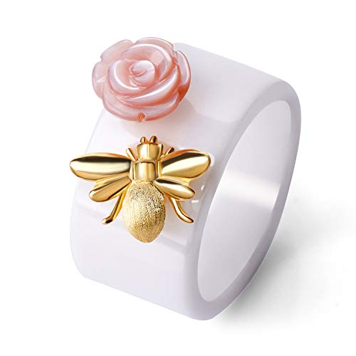 Lotus Fun S925 Sterling Silver Ring Handmade Unique Thumb Ring Bee Kiss from a Rose Ceramics Jewelry Gift for Women and Girls