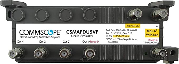 Commscope CSMAPDU5VPI 5-Port MoCA HomeConnect Passive VoIP Amplifier with MoCA Connectivity, Unity Forward/Reverse, with Power inserter, Faster Internet Phone Comcast Xfinity (5-Port Moca, Gray)