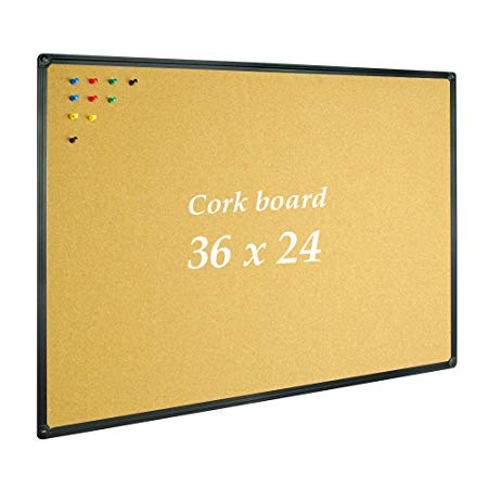 JILoffice Corkboard Bulletin Board 36 x 24 Notice Board, Black Aluminium Frame Wall Mounted Board for Office Home and School with 10 Push Pins