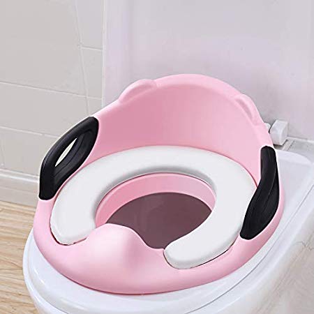 Potty Training Seat for Baby Kid Boy Girl Toddler,Toilet Training Seat with Handles for Kids with Cushion and Backrest Secure for Oval Round Toilet (Pink)