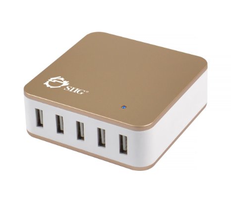 SIIG (AC-PW0T14-N1) 5-Port 40W USB Smart Charging Desktop Gold Charger for Apple iPhone / iPad, and other Android devices - 5ft detachable power cord