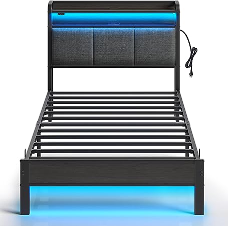 Rolanstar Bed Frame Twin Size with Charging Station and LED Lights, Upholstered Headboard with Storage Shelves, Heavy Duty Metal Slats, No Box Spring Needed, Noise Free, Easy Assembly, Dark Grey