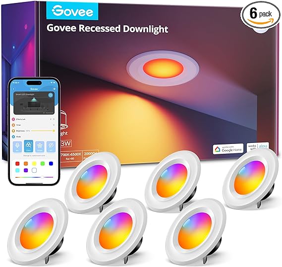 Govee Smart Retrofit Recessed Lighting 6 Inch, Wi-Fi Bluetooth Direct Connect RGBWW Retrofit Can Lights, 65 Scene Modes, Works with Alexa & Google Assistant, 1000 Lumens, 6 Pack