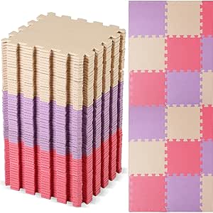 Nuanchu 60 Pcs Kids Foam Puzzle Floor Mat Bulk Solid Color Foam Play Mat with Borders Interlocking Multi Use Floor Rug for Baby Toddler Children 12 Inch (Pink, Beige, Purple)