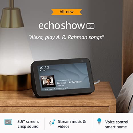 All new Echo Show 5 (2nd Gen, 2021 release) - Smart speaker with Alexa - 5.5" screen, crisp sound and 2MP camera (Black)