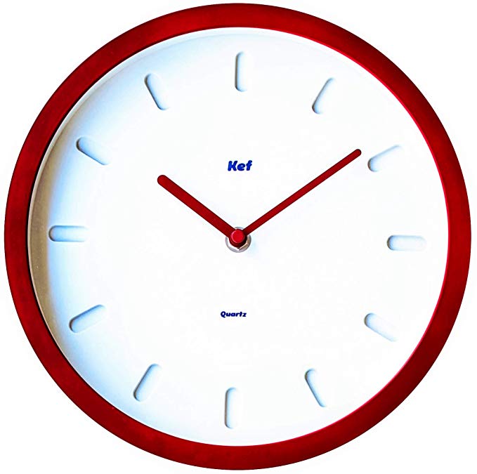 The Kef Clock by Marksson 》Round modern contemporary design. This 10” Quartz, Chili Red wall clock is Non-Ticking and 100% silent. Perfect wall décor for any bedroom, office, kitchen or lounge room.