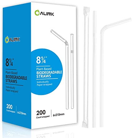 ALINK 200-Pack Plant-Based Compostable Bendy Straws, Biodegradable Flexible Disposable Drinking Straws, Individual Wrapped, Alternative to Plastic Straws -Translucent