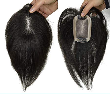Susanki 2"x3" Mono Hair Topper Straight Virgin Human Hair Clip in Crown Hair Piece Toupee for Women (10" Dark Brown)