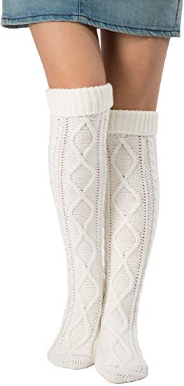 Leotruny Women's Diamond Knit Knee Winter Leg Warmers High Boot Socks