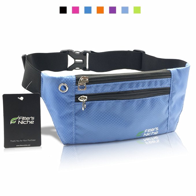 fitter's niche Waist Fanny Packs, 3 Pockets Travel Money Bag, Water Resistant Elastic Adjustable Belt, Fits IPhone X 8 7 Plus, Idea for Outdoor Cycling Hiking Jogging