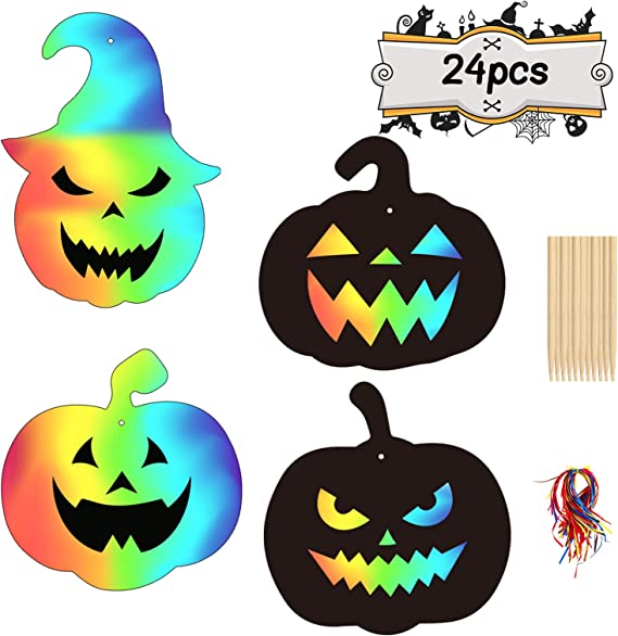 LAITER 24 Pcs Halloween Scratch Art Pumpkin for Kids Scratch Art Art DIY Crafts Halloween Decoration with 12 Pcs Wooden Pencil and 48 Pcs Colored of the Rope (B)