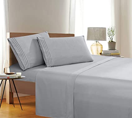 1500 Thread Count Wrinkle & Fade Resistant Egyptian Quality 4-Piece Bed Sheet Set Ultra Soft Luxurious Set Includes Flat Sheet, Fitted Sheet and 2 Pillowcases, King Size, Classic Silver