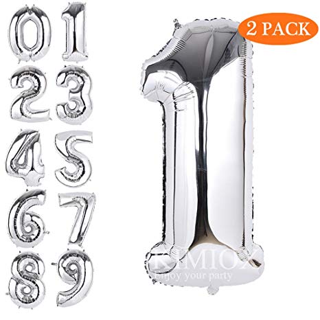 KIMIOX Number Balloons, 2 Pcs 40 Inch Birthday Number Balloon Party Decorations Supplies Helium Foil Mylar Digital Balloons (Silver Number 1)