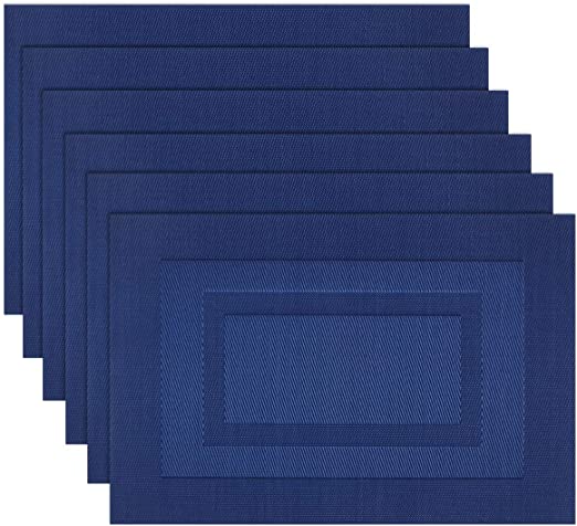 pigchcy Placemats,Washable Woven Vinyl Placemats for Dining Table,Easy to Clean Plastic Placemats Set of 6(18 X12 inch, Navy Blue)