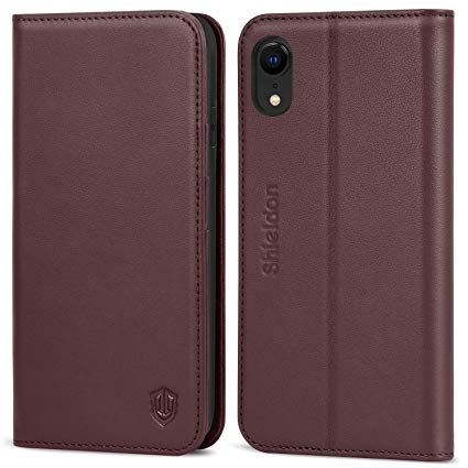 iPhone XR Case, iPhone XR Wallet Case, SHIELDON Genuine Leather Durable Wallet Flip Book Cover Design with Kickstand [RFID Card Slots] [Magnetic Closure] Compatible with iPhone XR - Wine Red