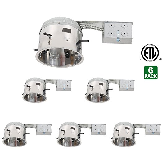 Hykolity 6" shallow remodel can e26 socket ic rated air tight recessed aluminum housing for led, spot light bulb, flood light bulb, fluorescent, incandescent-etl listed-pack of 6