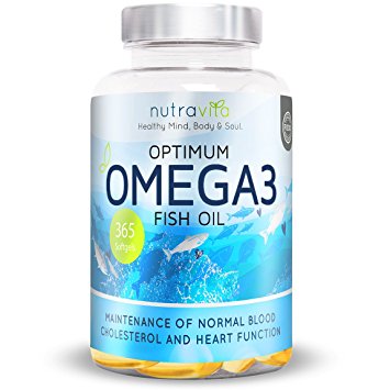 Optimum Omega 3 1000mg Pure Fish Oil with Added EPA & DHA by NutravitaTM | 365 Soft Gel Capsules (Full 1 Year Supply) | High Purity & High Potency Omega 3 (contaminant free with no other additives) | 100% No Questions Asked Money Back Guarantee | Made and Manufactured in the UK