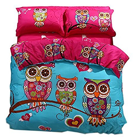 Cliab Owl Bedding for Girls Queen Size Duvet Cover Set Queen Size 4 Pieces 100% Cotton
