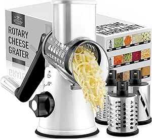 Zulay Kitchen Cheese Grater Hand Crank, Grater For Kitchen With Reinforced Suction - Rotary Cheese Grater With 3 Replaceable Stainless Steel Blades - Easy to Use & Clean - Vegetable Cutter - White