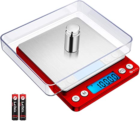 Brifit Pocket Scale, 500g x 0.01g High Precision Scale with 100g Weight, Mini Kitchen Scale with Backlit, 2 Trays, Jewelry Scale with Tare and PCS Function, Stainless Steel, Battery Included (Red)