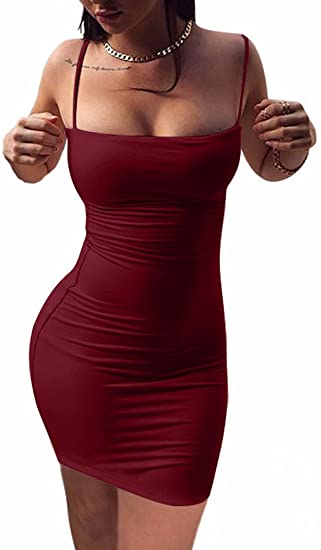 BEAGIMEG Women's Sexy Spaghetti Strap Sleeveless Bodycon Mini Club Dress