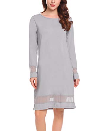 Hersife Women's Long Sleeve Pocket Swing Casual Loose T-Shirt Dress