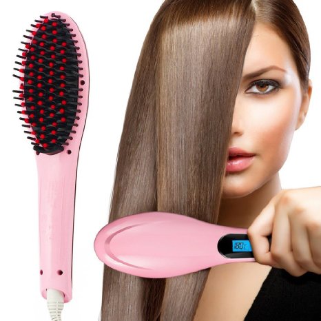 Hair StraightenerPrettyQueen Professional Detangling Hair Brush Hair Styling Comb Digital Anti Static Anti-Scald Ceramic Heating Iron Pink Hair Massage Straightening Irons Pink