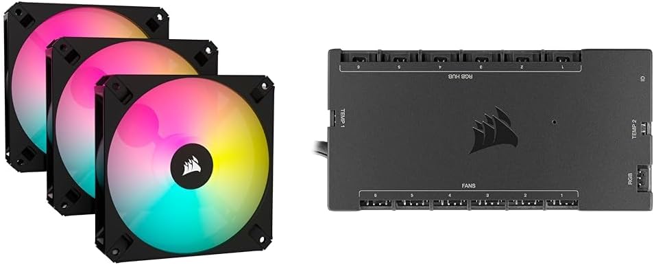 CORSAIR iCUE AR120 RGB Digital 120mm ARGB-Compatible Fans - Triple Fan Kit - Black & iCUE Commander CORE XT, Digital Fan Speed and RGB Lighting Controller