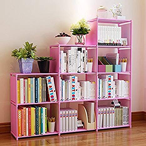 Korie 30 inch Stair Shape 9-Cube Bookcase Bookshelf Adjustable DIY Cube Storage Shelves Unit (Pink)