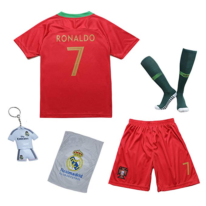 KID BOX 2018 Portugal Cristiano Ronaldo #7 Home Red Kids Soccer Football Jersey Gift Set Youth Sizes