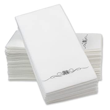 12” x 17” Airlaid Paper Dinner Napkins – Silver Foil Stamped 1/6 Fold Disposable Guest Hand Towels with Absorbent, Linen-Like Feel Weddings, Receptions, Parties and Bathroom (Silver, 100 Count)