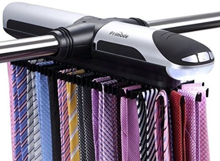 Primode Motorized Tie Rack With LED Lights - Closet Organizer, Stores & Displays Up To 72 Ties With 8 Belts, Rotation operates with batteries. Great Gift Idea