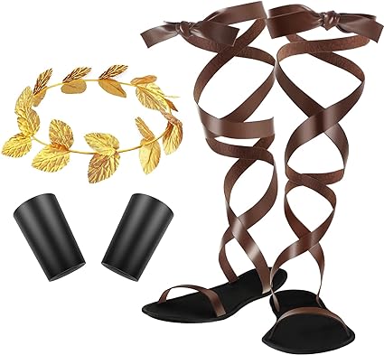 3 PCS Halloween Adult Toga Roman Sandals Gold Laurel Head Wreath Wristband Set Leaf Headdress Sandals Wristband for Men(US Men7=UK 6= 9.8 Inch, Delicate)