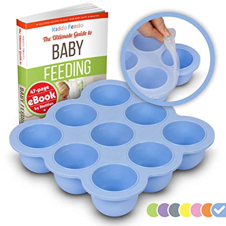 KIDDO FEEDO Silicone Baby Food Freezer Tray with Clip-on Lid - Store Baby Food, Ice Cubes, Herbs, Juice & More! - Free E-book by Award-winning Author/Dietician - Blue