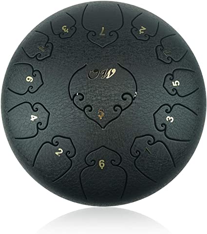 "OcarinaWind" 12 inches Steel Tongue Drum Black 13 Notes,C Major,with Padded Drum Bag and Couple of Mallets, Beautifully finished and peaceful sound