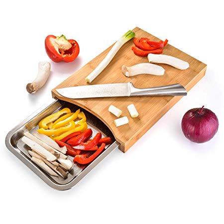 Bamboo Wood Cutting Board with Sliding Stainless Steel Tray Drawer for Kitchen Easy Waste Removal & Food Prep, Organic Eco-Friendly Antibacterial Bamboo Chopping Board FDA Approved Wood Butcher Block